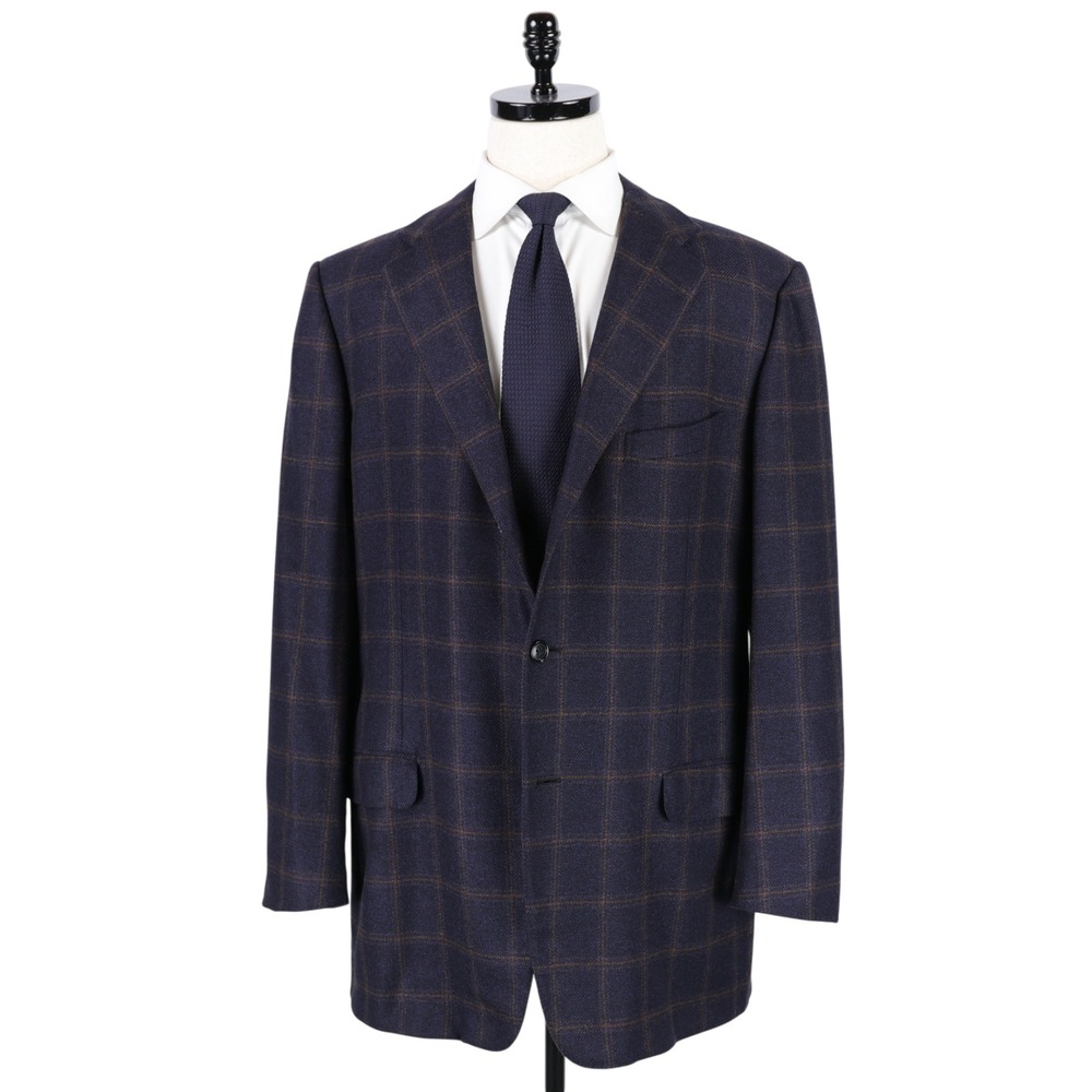 Ermenegildo Silk & Cashmere Sport Coat Sz 44L Blue w/Brown Windowpane Checks